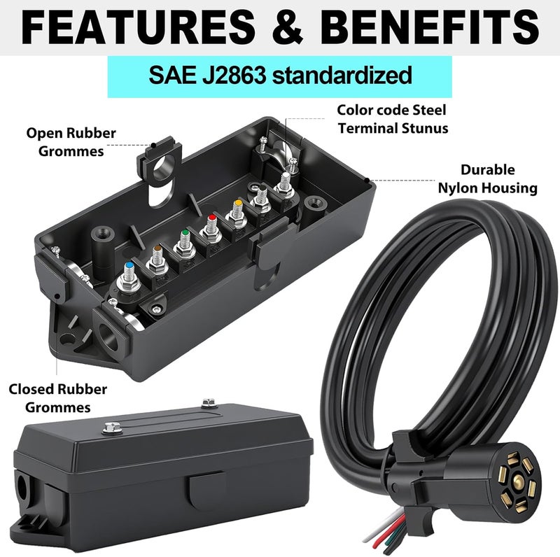 CXTM 7 Pin Trailer Wiring Harness Kit 4 Feet, 7 Gang Waterproof Junction Box with Heavy Duty 7 Way Trailer Cord Pigtail, Double Prongs Connector Inline Cable for RV Standard (4ft) - Image 3